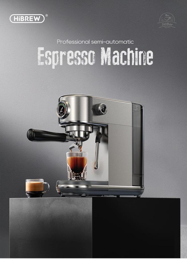 HiBREW H10B Espresso Coffee Machine, 20Bar Extraction Pressure, Semi-Automatic, Adjustable Temperature & Cup Volume, 1.3L Removable Water Tank, Silver