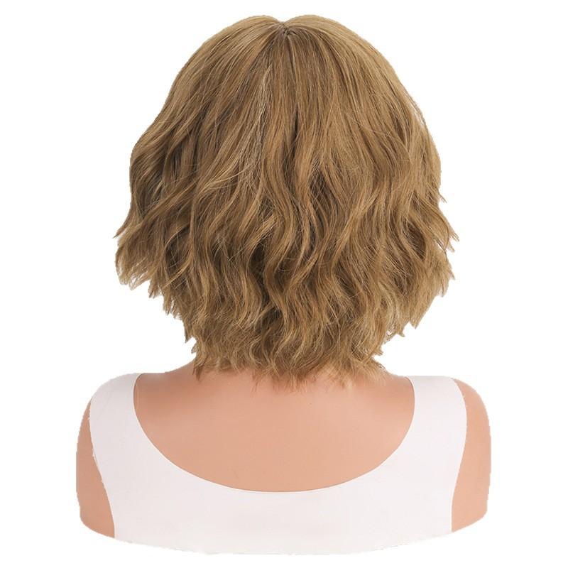Women Short Fluffy Blond Wig Synthetic Wavy Wigs Stylish Golden Brown Hair with Bangs for Daily Party Cosplay Heat Resistant Fibre