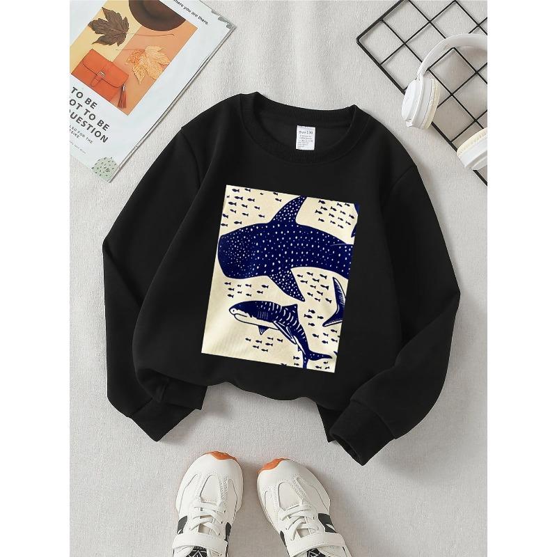 Crewneck Sweatshirt for Girls Featuring a Shark Fish Design, Suitable for Machine Washing. Ideal for Spring And Autumn