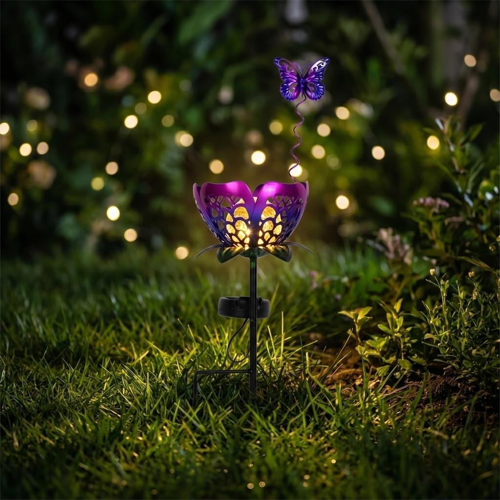 Solar Garden Light Butterfly Hollow Sunflower Outdoor Yard Decorative Plant Lamp with Stake for Pathway Lawn Patio Lighting