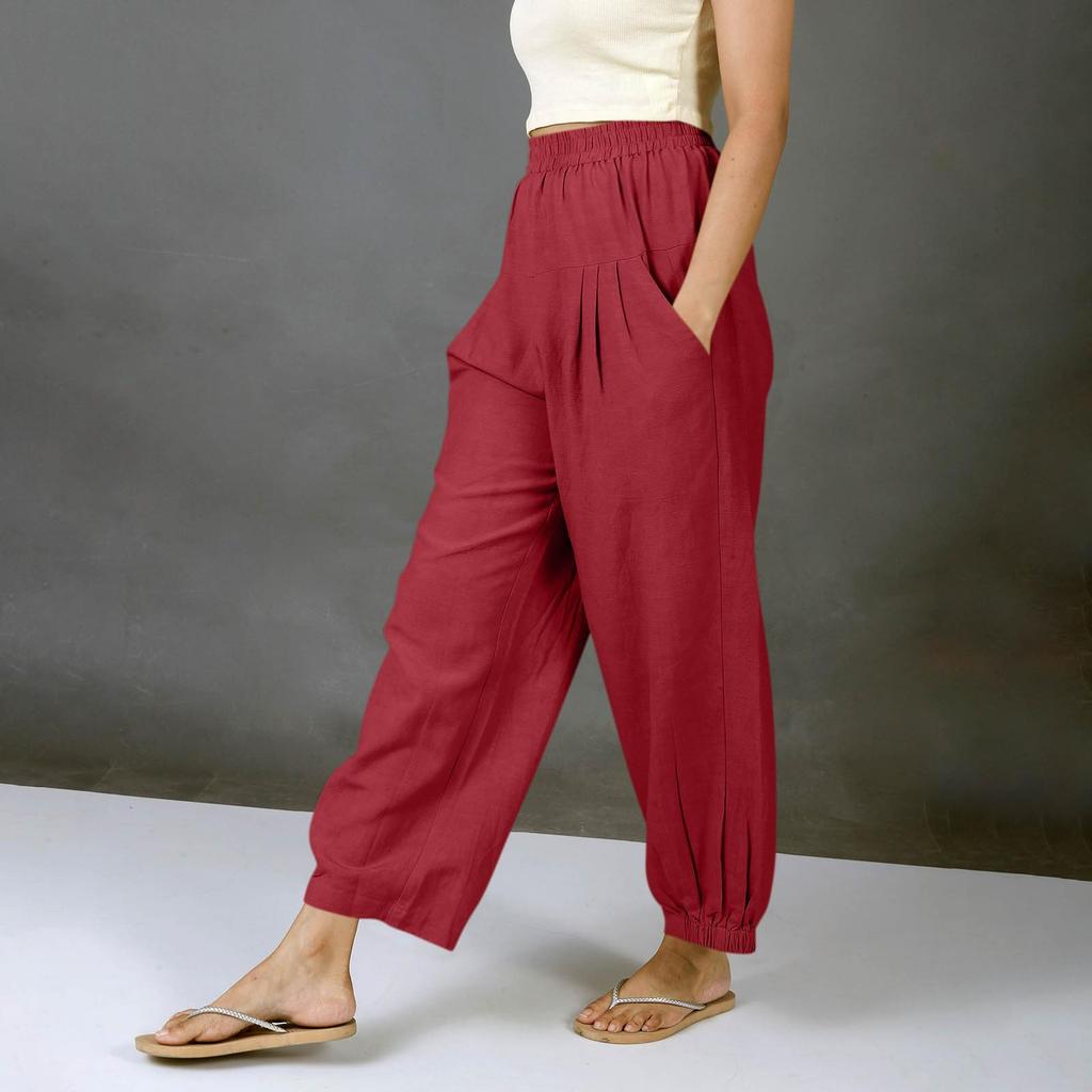 Women's Fashionable Casual -Color Cotton-Linen Trousers With Elastic Waistband And Pockets