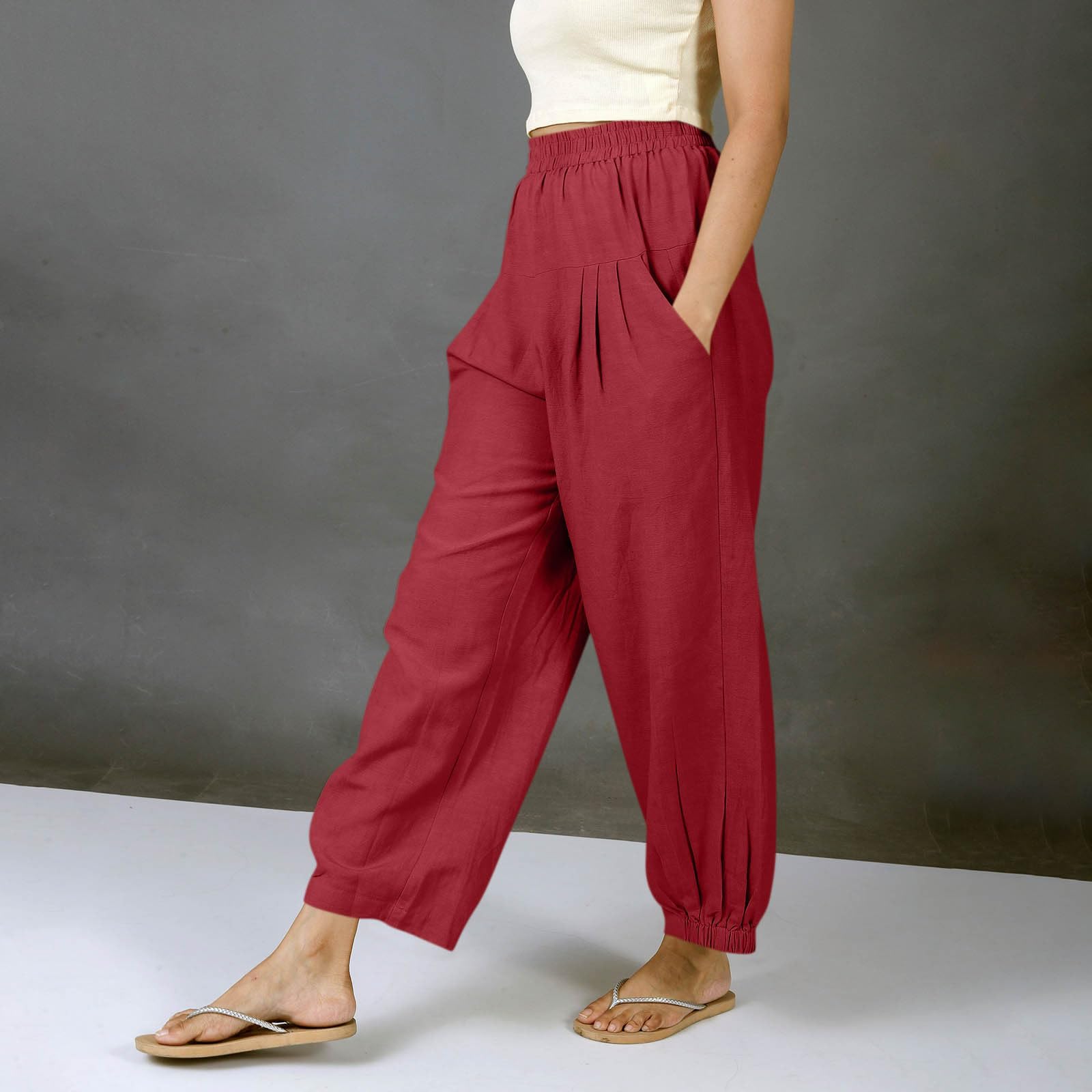

Women s Fashionable Casual -Color Cotton-Linen Trousers With Elastic Waistband And Pockets XL