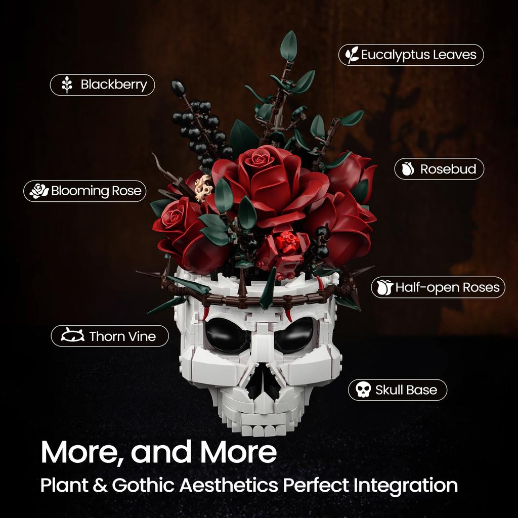 Gothic Skull Rose Bouquet Building Blocks Set Skeleton Flower Pot Bricks Toy Adult Home Decor Horror Aesthetic Gift