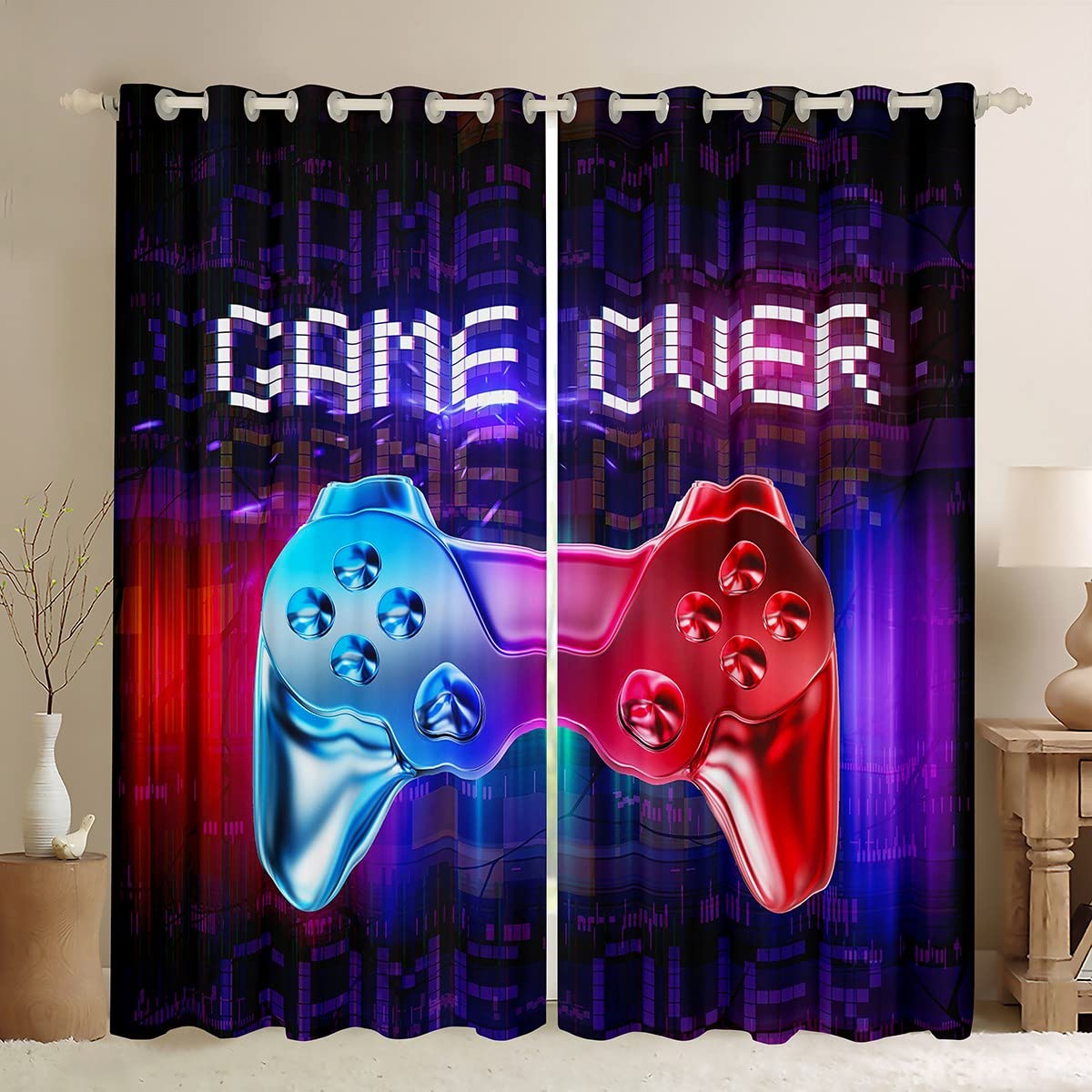 Gaming-Vorhänge, Vorhänge für Kinder, Gamer-Videospiele, Vorhang-Set für Jungen, moderner Game-Controller-Stoffvorhang, grün, Gamer, 2-teilig W60H60(CM)x2PCS&Grommet Top