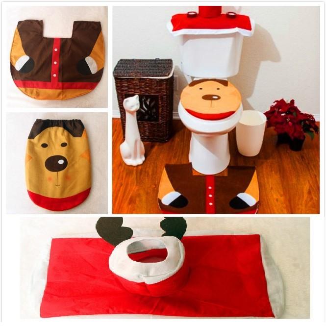 Christmas Elf Toilet Cover Set With Reindeer Santa Fabric For Holiday Decor