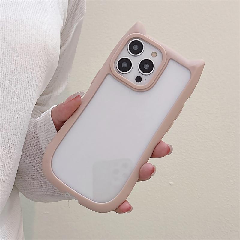 INS Cute Cartoon Cat Ear Clear Acrylic Case For iPhone 15 14 13 12 Pro Max 11 Soft Bumper Shockproof Transparent Hard Back Cover