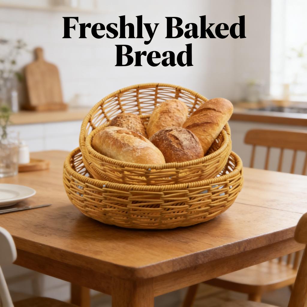 Handwoven Imitation Rattan Round Basket Fruit Vegetable Bread Storage Picnic Home Kitchen Organizer Eco-Friendly Decorative Tray