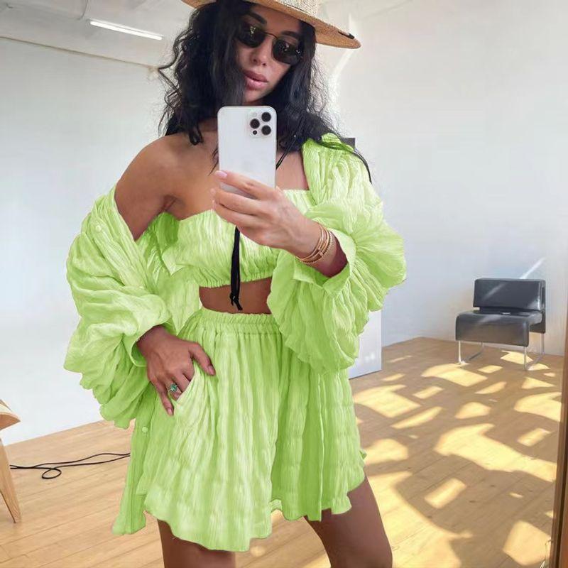 Fashion Loose Shirt Tube Top Shorts Three-Piece Suit Three Pieces Piece Shirt Set Shorts