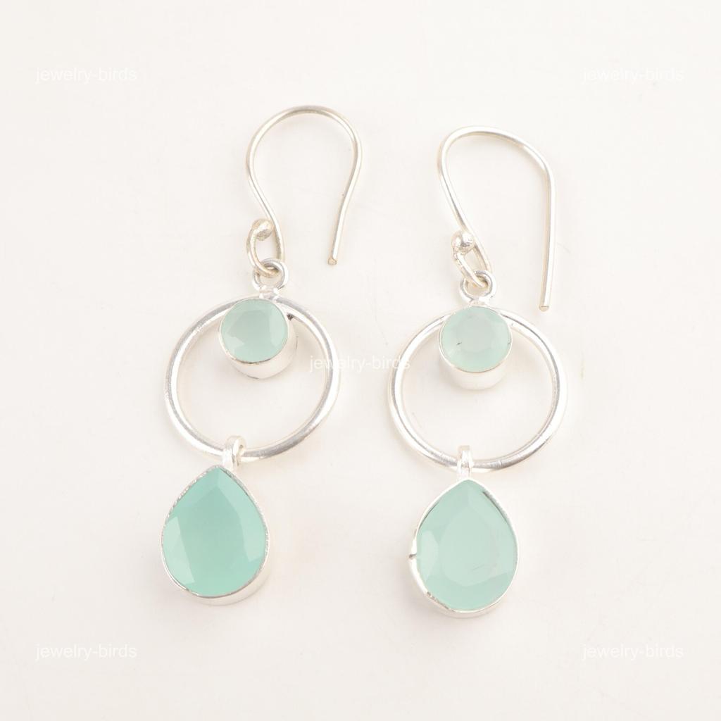Aqua Chalcedony Gemstone Sterling Silver Drop Dangle Wedding Earrings Jewelry EE-140-6