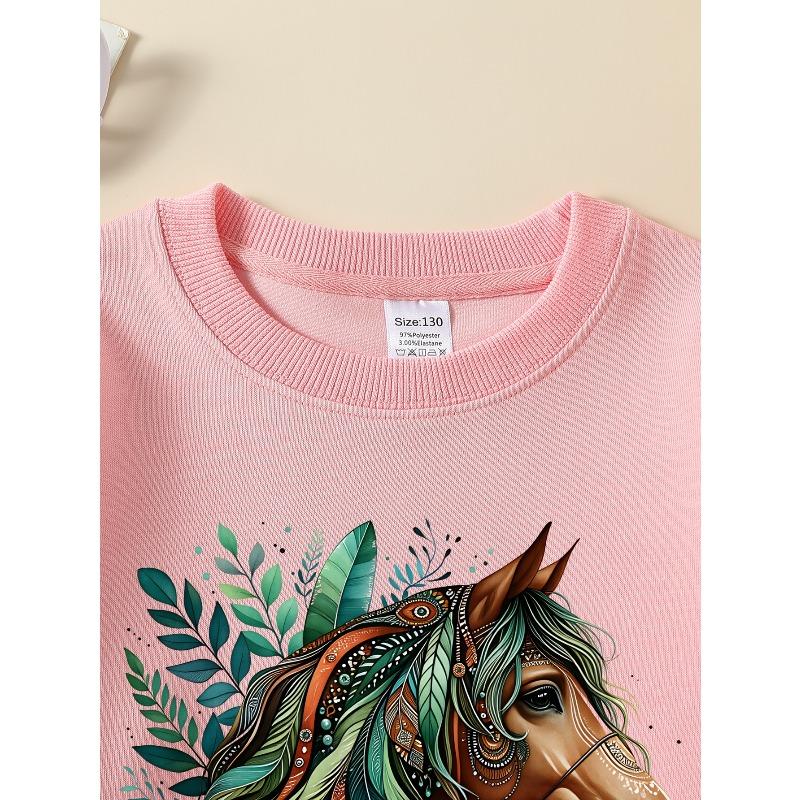 Horse Leaves Pattern Artistic Design 2026 New Girls' Long-sleeve Casual Crewneck Sweatshirt