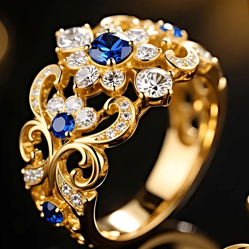 Elegant and luxurious bohemian style fashion personality copper ring-Inlaid blue synthetic zirconia and zirconia stone women's ring with floral