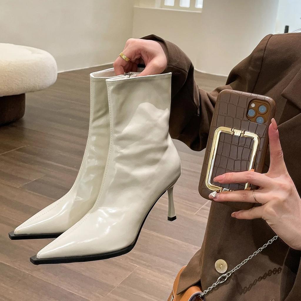 Fashion Women Thin High Heels Short Boots 2025 New Fashion Pointed Ankle Boots Ladies Autumn Winter Leather Side Zipper Sexy Party Pumps