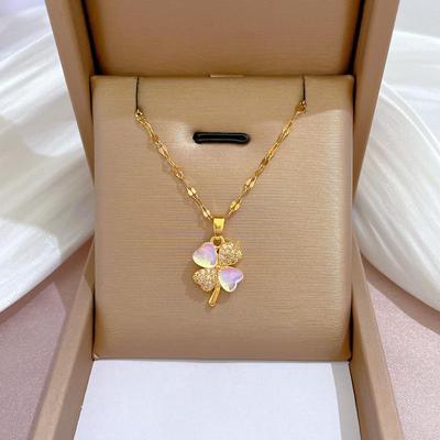 Cat's Eye Stone Four-Leaf Clover Luxury Temperament Full Of Diamonds Necklace Ladies Hundred Match Collarbone Chain Titanium Steel Necklace