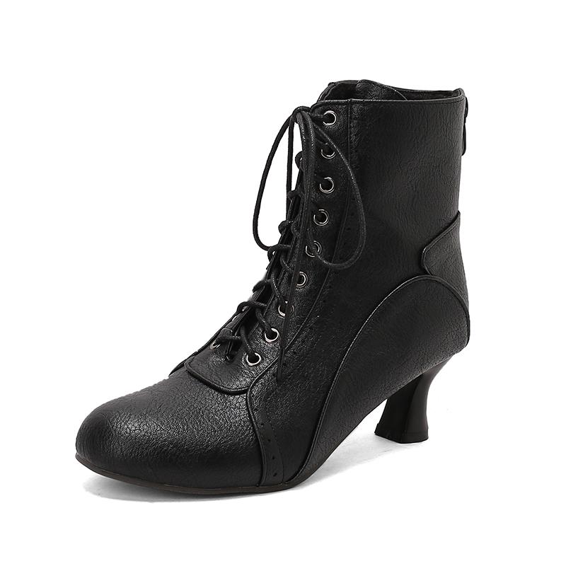 New Lace Up Ladies High Heel Shoes Strange Steampunk Boot Victorian Ankle Boots Women Pointed Toe Thick Soled Short Boots