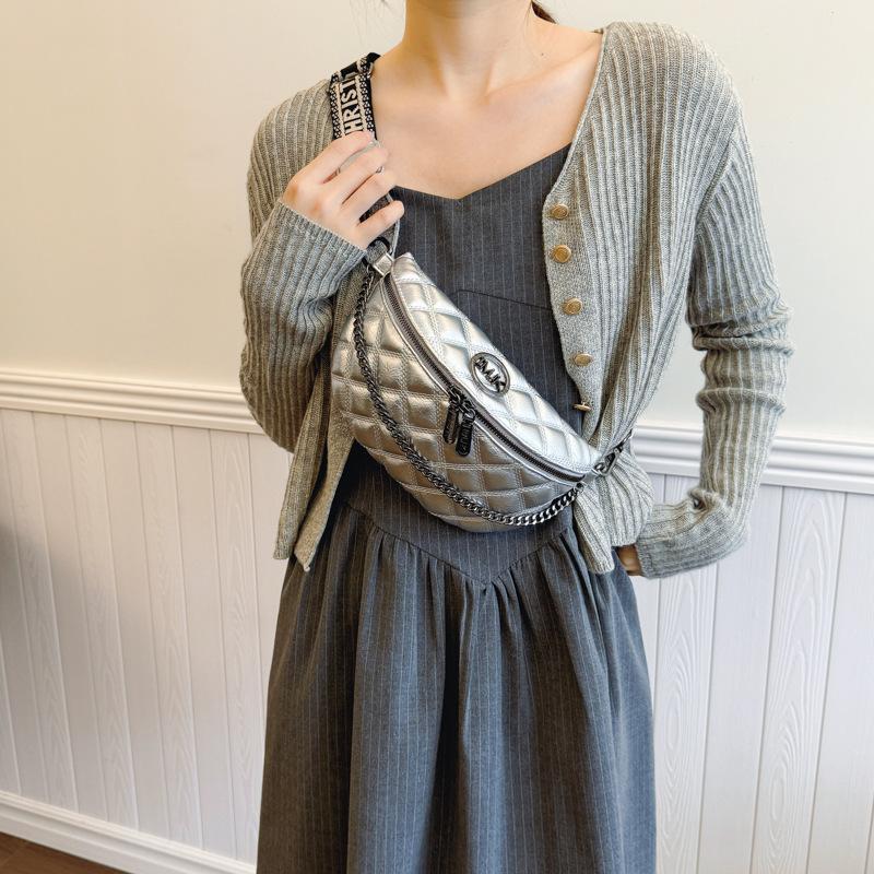 Rhombus breast bag women's new fashion chain fanny pack personality trend shoulder strap oblique span bag soft leather women's dumpling bag