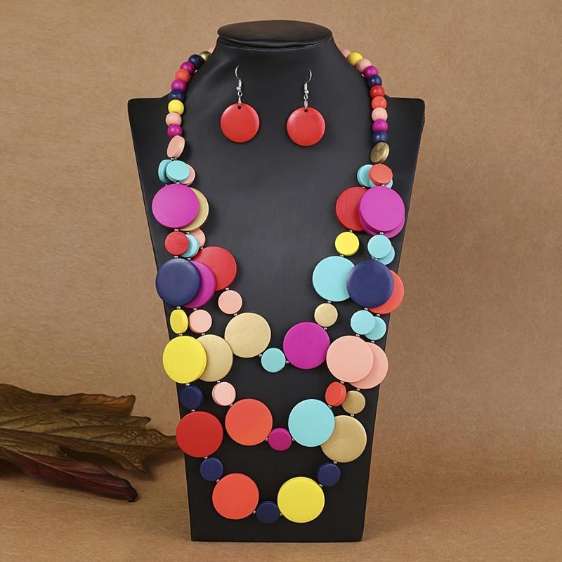 Bohemian Geometric Wooden Bead Multilayer Necklace And Earring Set For Women