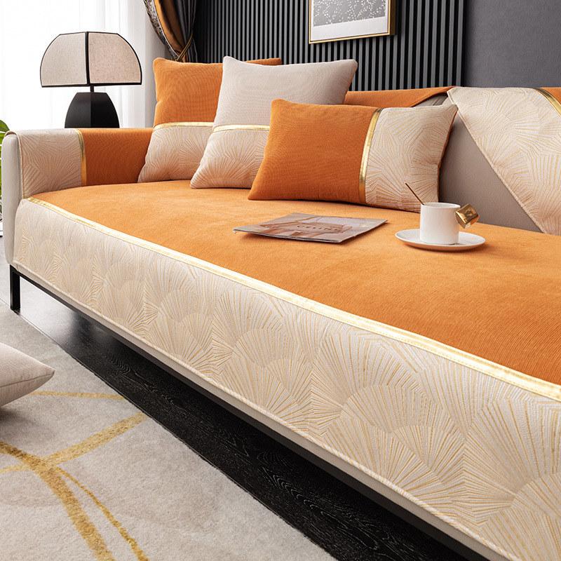 Nordischer Chenille Überwurf Sofabezug 3 Sitzer Goldener Riemen Sesselbezug Möbelschutz Patchwork Sofakissen Rutschfest