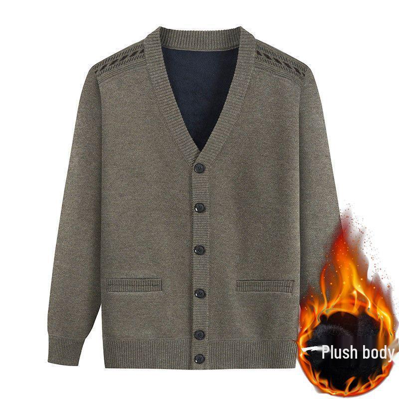 Men's V-Neck Thick Fleece Cardigan: Warm Knitwear for Dad and Grandpa