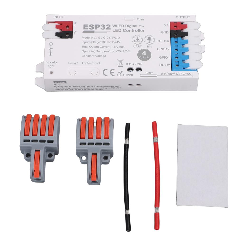 Digitaler LED-Streifen-Controller mit Mikrofon 15A Sicherung Typ C UART Download-Port Bis zu 800 LED-Perlen anschließbar 4-Kanal-Ausgang