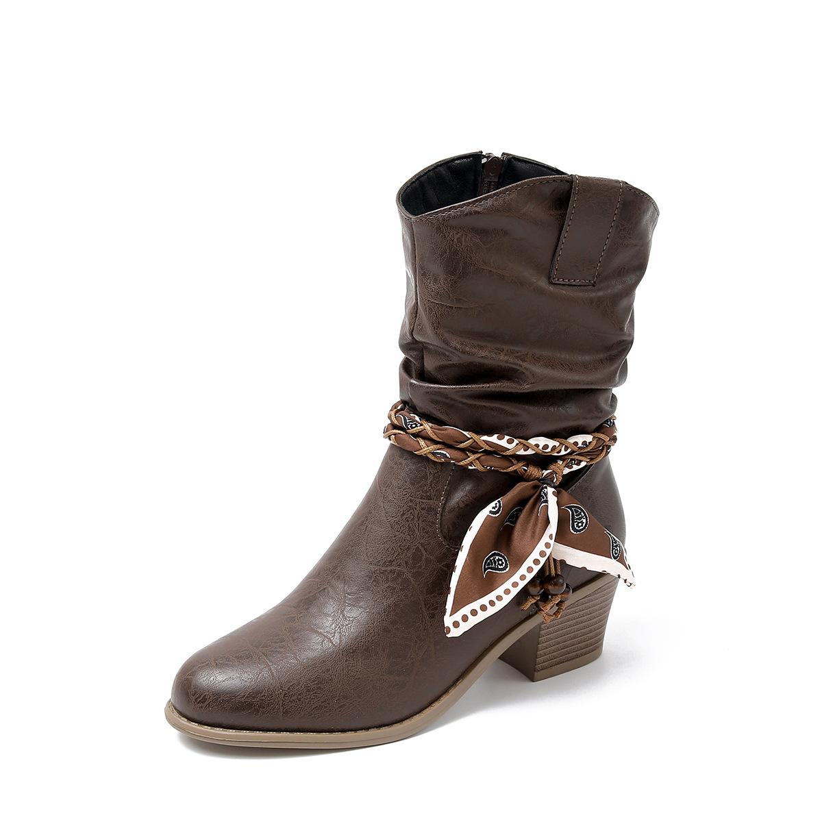 

Европейская и американская мода, модные ботинки средней длины, женские большого размера, ретро, толстый каблук, плиссированный голенище, V-образный вырез, вестерн, рыцарские 42 темно-коричневого