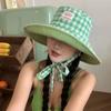 Sun Protection Drawstring Sun Hat Big Brim Plaid Hiking Cap Fashion Hiking Fisherman Hat  Fishing