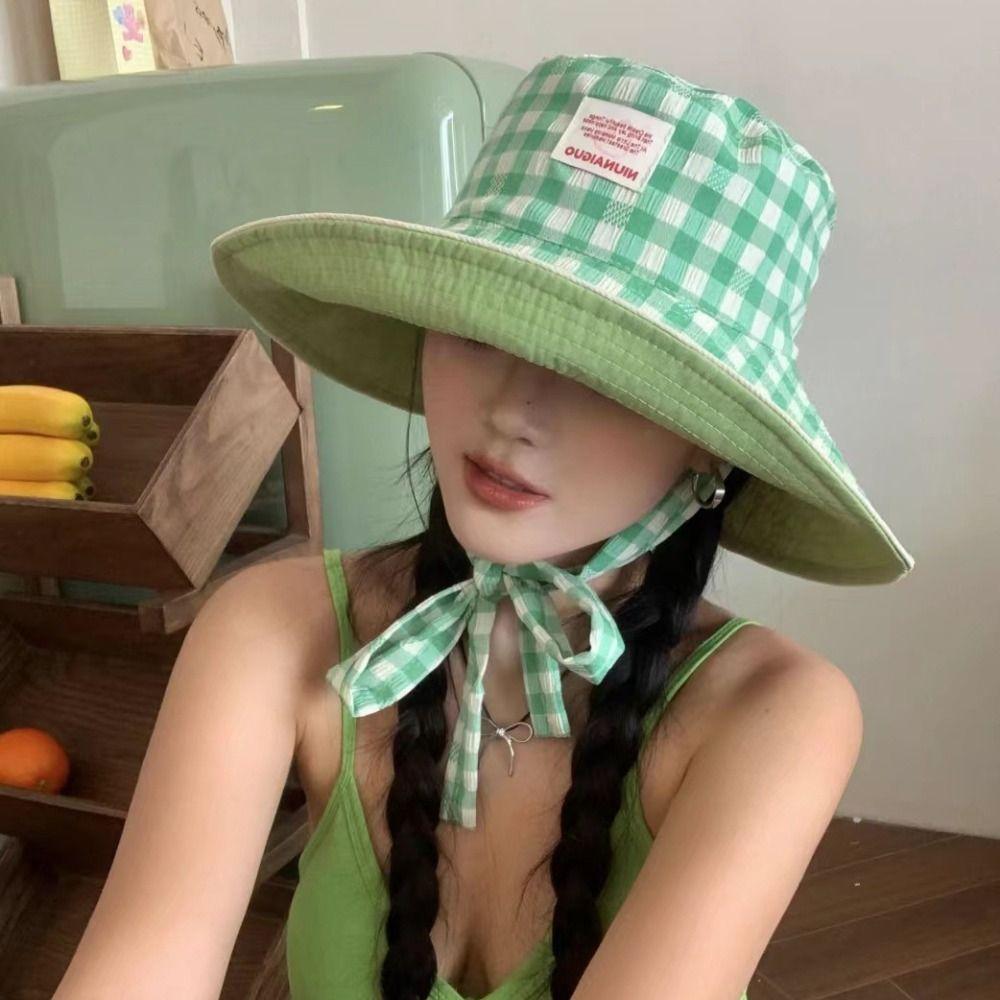 Sun Protection Drawstring Sun Hat Big Brim Plaid Hiking Cap Fashion Hiking Fisherman Hat  Fishing