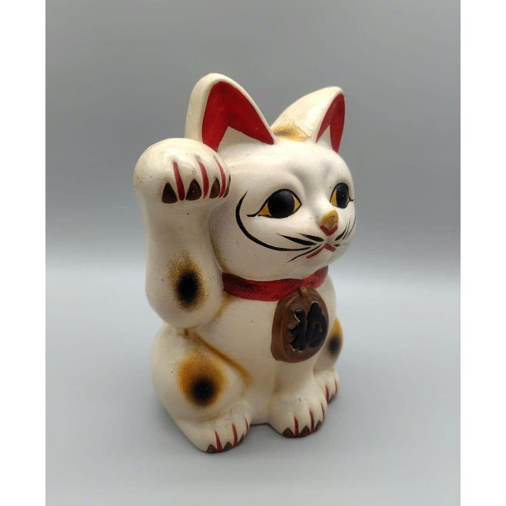 Used Vintage Maneki-neko (beckoning cat) piggy bank, approx. 21.5cm tall, early Showa period, for luck and fortune, money-attracting lucky charm.