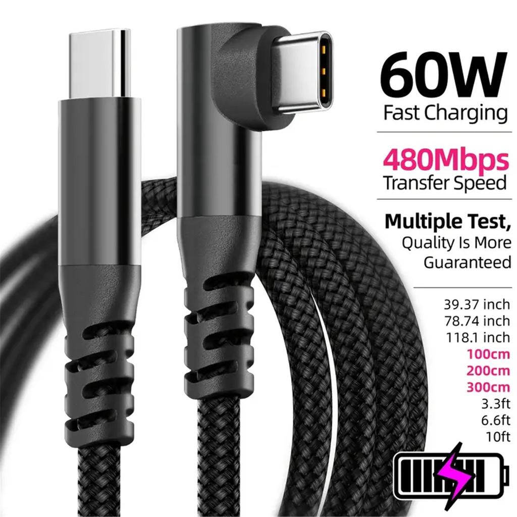 90° USB‑C to USB‑C Cable 1M 2M 3M 10FT,60W PD Fast Charging Data Sync Nylon Braided Type‑C Charging Cord for iPhone 15 15Plus 15Pro Max Android Tablet