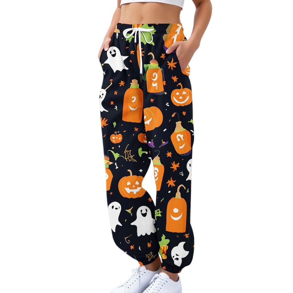 Damsportbyxor med fickor Mode Halloweentryck Elastisk midja Byxor Casual Sweatpants Byxor