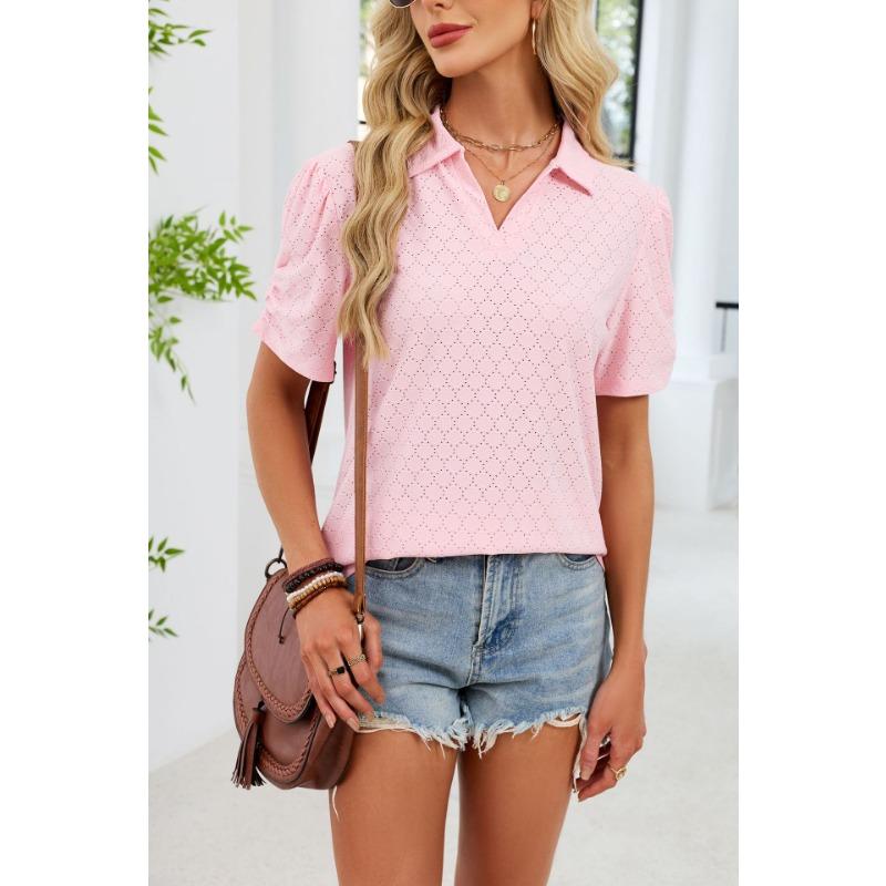 European and American cross-border foreign trade women's summer new V-neck T-shirt puff sleeve loose POLO shirt top