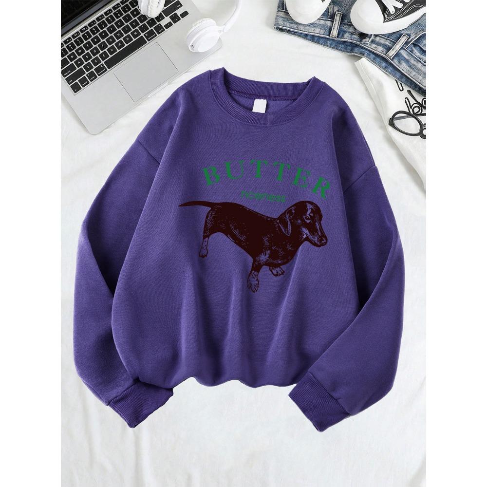 Roztomilé mikiny s potiskem jezevčíka Dámské Zimní Teplé Mikiny Pohodlný Volný Pulovr Ležérní Kulatý Výstřih Dámské Oblečení