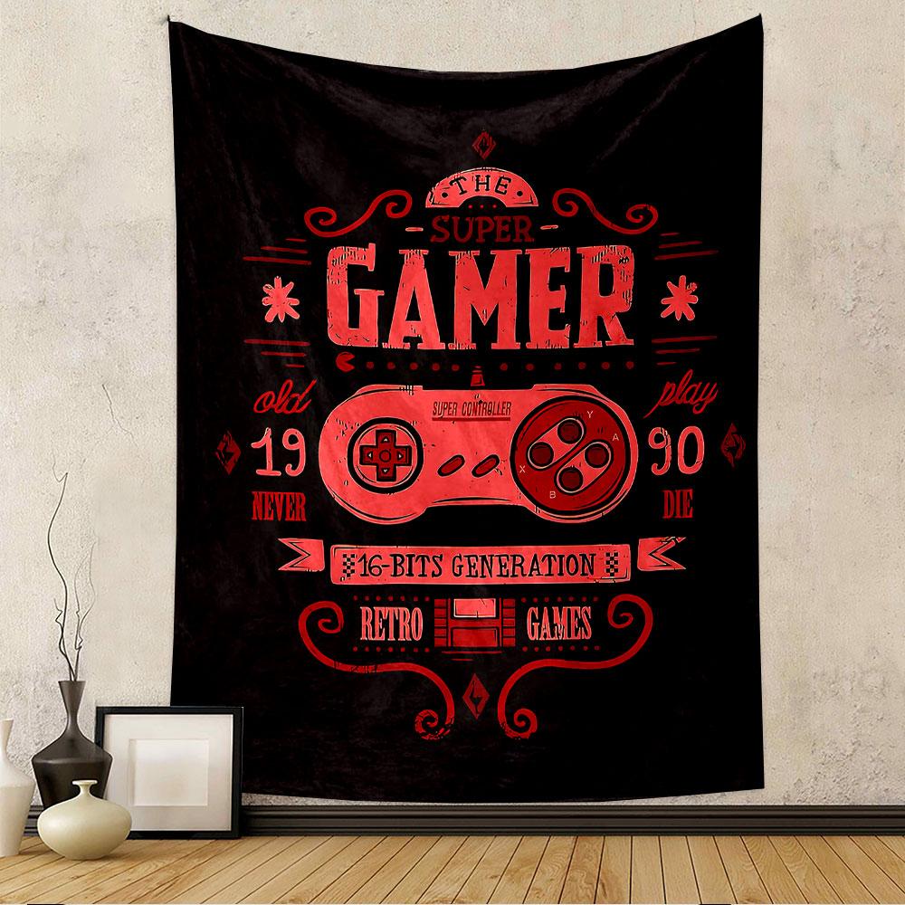 Super Gamer 1990 Tapestry Wall Hanging, 8-Bit Retro Design, Wall Decor for Bedroom Living Room Dorm