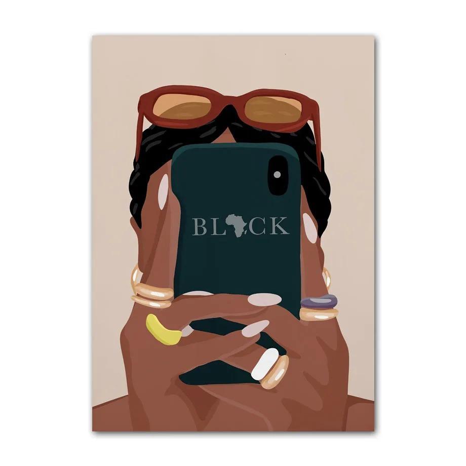 Black Art Fashion Hip Hop Girl Manicure Jewelry Lips Poster African Black Woman Beautiful Nails Painting Pictures Living Room Beauty Salon Decor