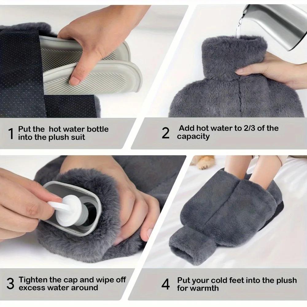 2L Large Non-Electric Hot Water Bottle - Super Soft Plush Cover Rubber Warmer Multi-Use for Hands Feet Warmth Home Office Winter