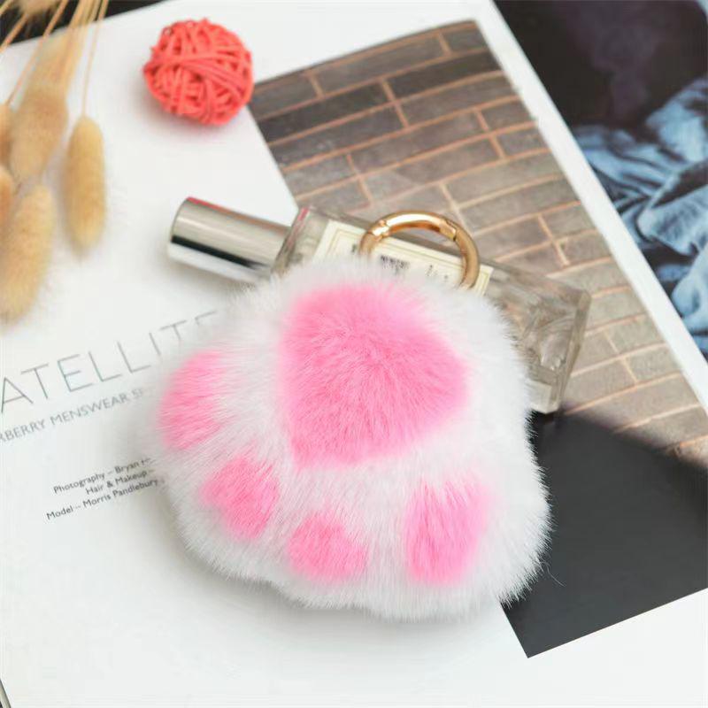 Cartoon Rabbit Fur Cat Paw Keychain Plush Ball Backpack Ornament