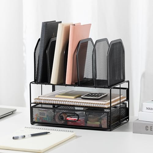 Amazon Basics Desktop Mesh Storage Case with Sliding Drawer, Double Tray, and Five Upright Sections, Black