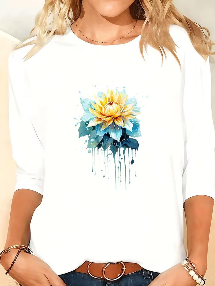 

(Asian Size) Print autumn winter spring sweet flower style Women Female Clothing Casual Tee o-neck Long Sleeve T Shirt Fashion Top Graphic T-shirts M