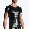 O-Neck Short Sleeve Elastic Men T-shirt Stage Performance Faux Leather Tee Shirt Clubwear