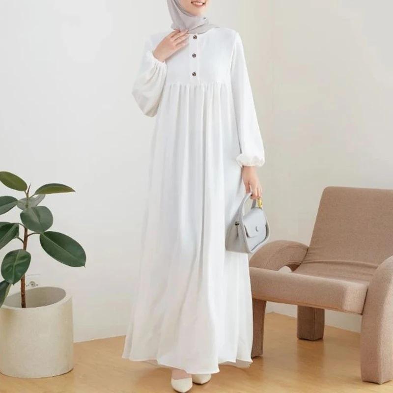 2024 Spring/Autumn Muslim Women's Solid Color Casual Bubble Sleeve Robe