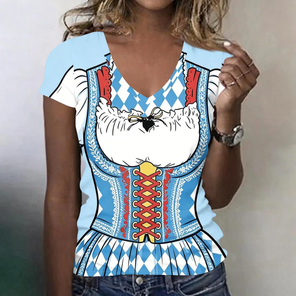 Dámské ležérní tričko s V výstřihem, krátkým rukávem, potiskem Oktoberfest, top, lehké, pohodlný střih, měkká látka
