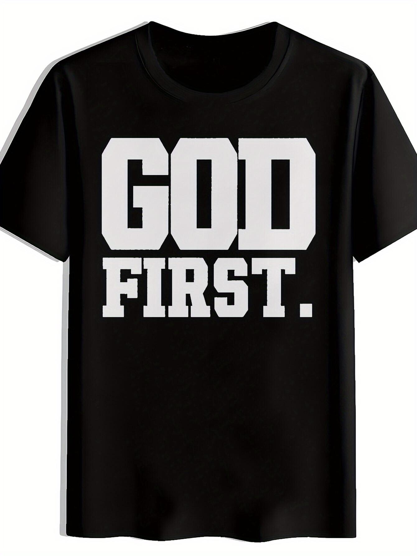 T-shirt God First Graphic - Black Casual Crew Neck Short Sleeve Tee with Bold White Print XL