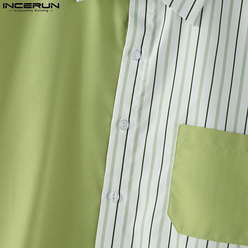 INCERUN Men Striped Shirts Casual Short Sleeve Patchwork Buttons Up Tops