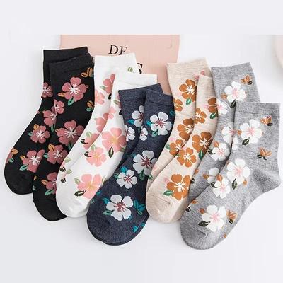 5 Pairs Womens Floral Cotton Socks Vintage Patterned Crew Socks Novelty Ankle Ruffled Warm Casual Dress Socks