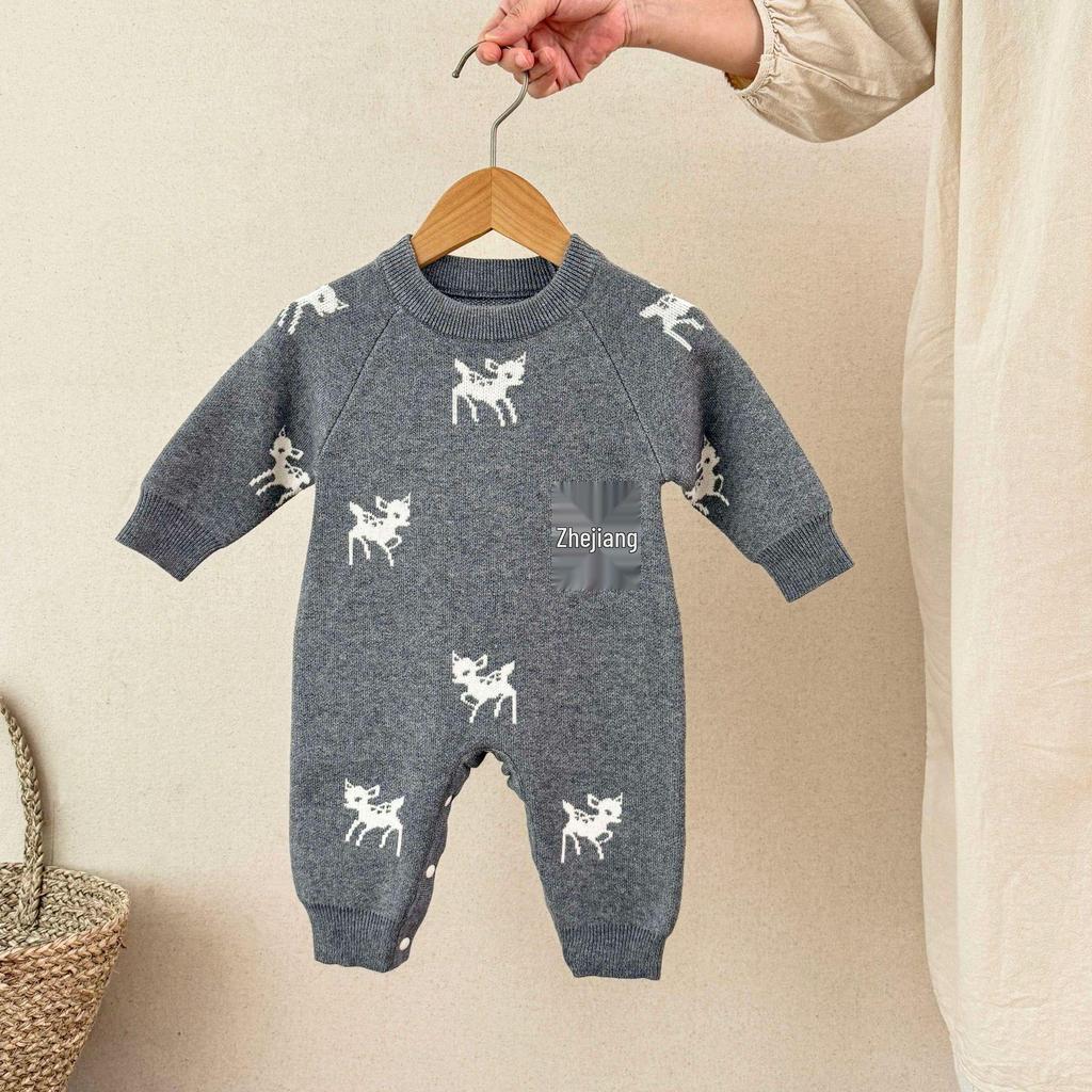 Knitted Jacquard Deer Baby Romper for Autumn & Spring - Unisex First Birthday Outfit
