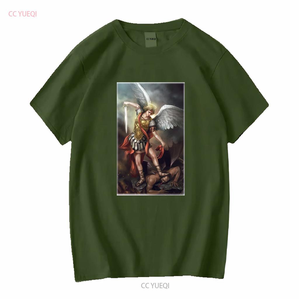 Catholic Natural T Shirt Saint Michael Archangel V11 Vintage Sizes S 5XL Vintage Washed Homme Fashion Soft Breathable
