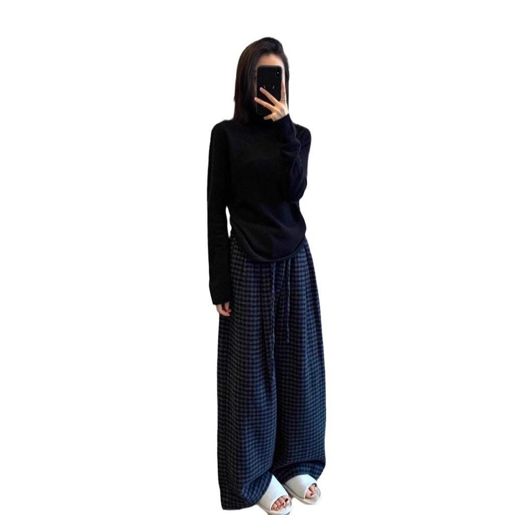 Plus Size Plaid Woolen Wide Leg Pants - Elastic Waist, Slimming, Hip Coverage, Women's Casual Straight Leg Long Pants