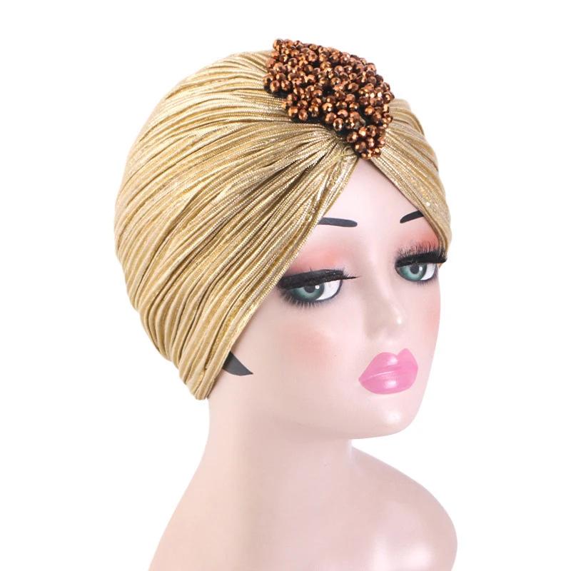 Indian Women Chemo Cap Muslim Diamonds Hijab Pleated Turban Wrap Headscarf Beanies Hair Loss Bonnet Hat Femme Turbante Mujer New
