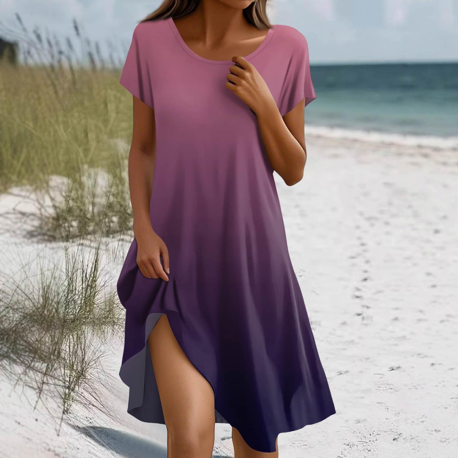 

Жіноча сукня в стилі бохо з коротким рукавом, повсякденна літня сукня вільного крою, плаття з квітковим принтом і кишенями XXL фіолетовий