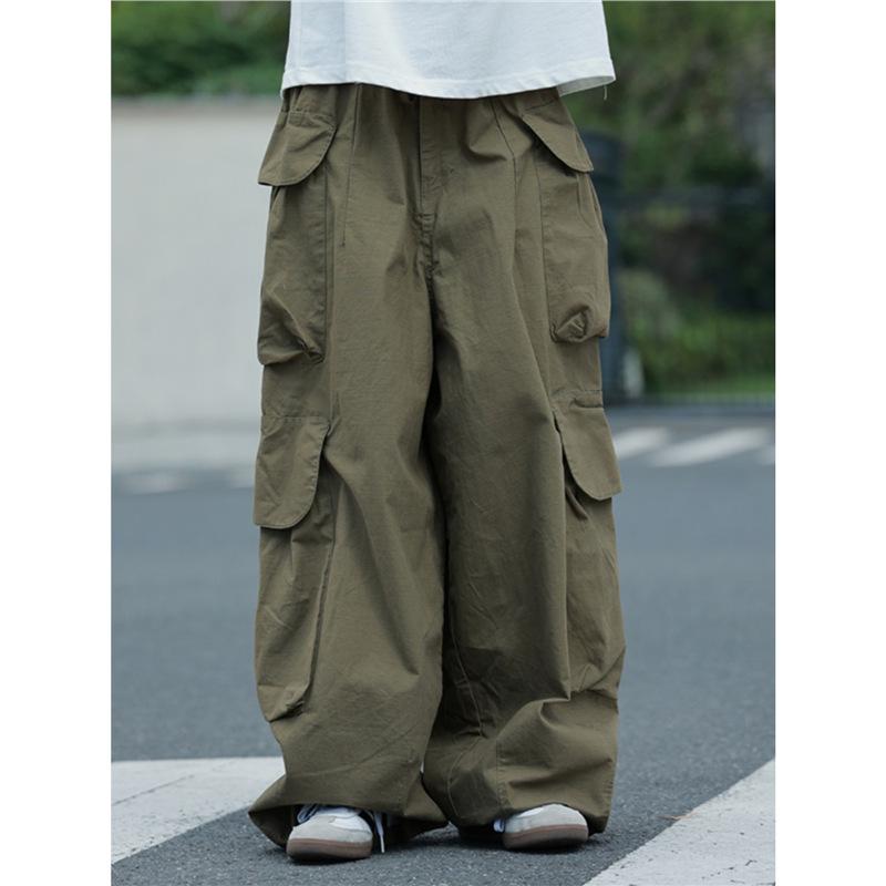 Retro overalls men's and women's spring and autumn trousers new design sense multi-pocket drawstring wide-leg casual trousers