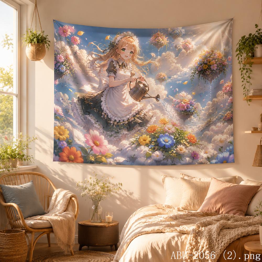 VIKAMA Moonlit Forest Tapestry Anime Girl Lake Glowing Mushrooms Fireflies Ethereal Wall Art